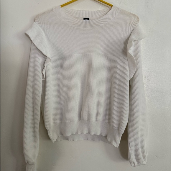 SHEIN Sweaters - White Ribbed, Ruffled Sweater, Size XL